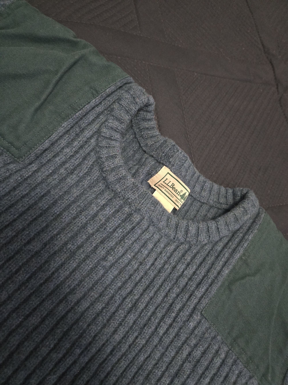 L.L. Bean Men's Ribbed Crewneck Sweater - Slate Blue with Forest Green Panels